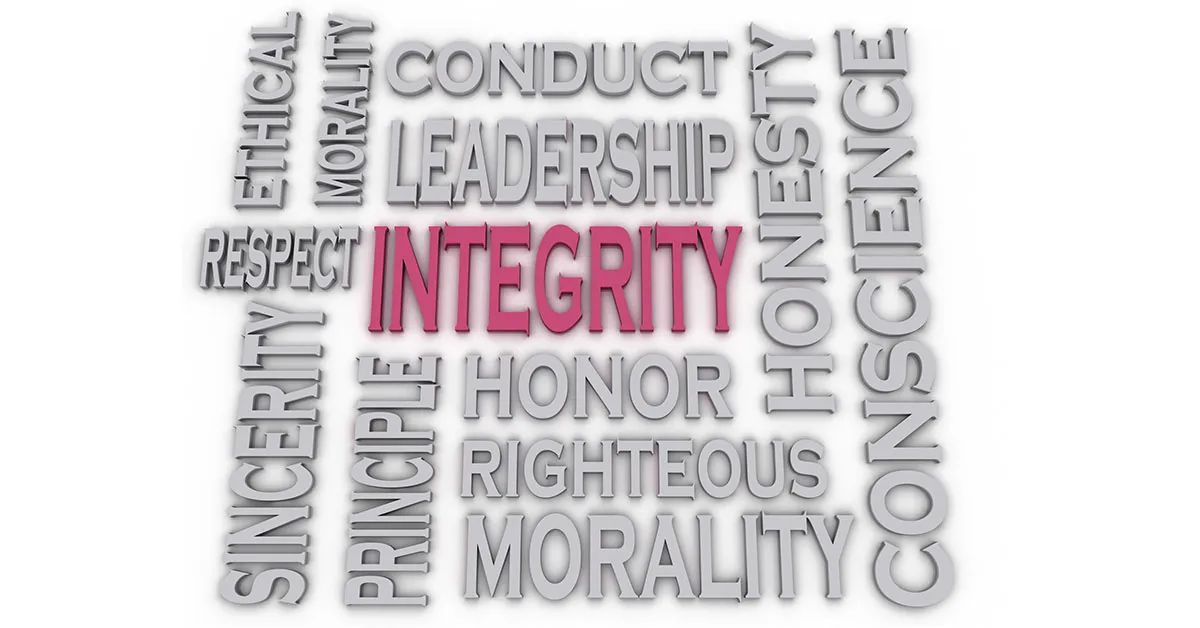 Leadership word cloud representing integrity, influence, and public behavior