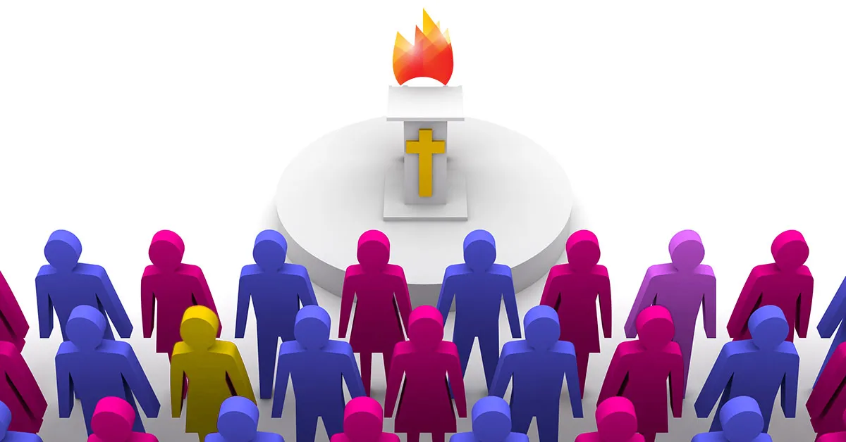 Sermon illustration with male female and other figures representing sexuality, religion, and God