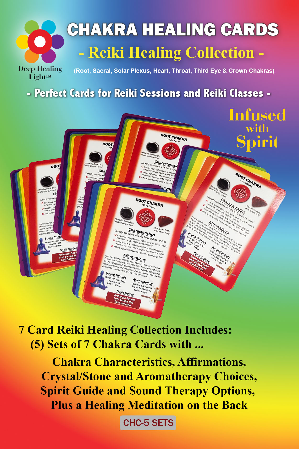 Chakra Healing Cards for Reiki Sessions and Classes - 5 Sets of 7 With Affirmations, Chakra Symbols, Guided Meditations -Total of 35 cards