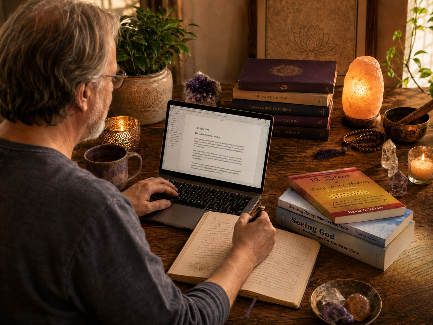 A warm author writing desk with books, manuscript pages, pen, candlelight, and spiritual accents representing books and writings by David Nelmes