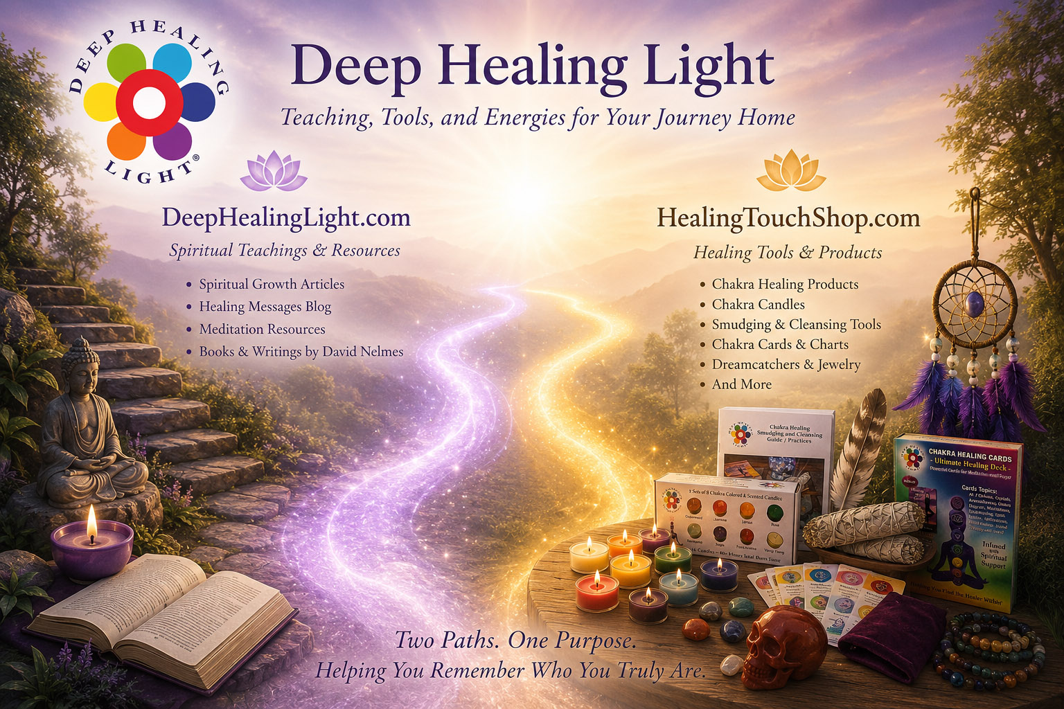 Calm spiritual brand scene with two gentle paths of light representing DeepHealingLight.com for teachings and HealingTouchShop.com for products