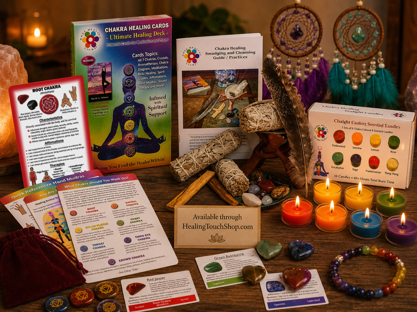 Deep Healing Light chakra healing products arranged with cards, candles, crystals, and smudging tools pointing visitors toward Healing Touch Shop