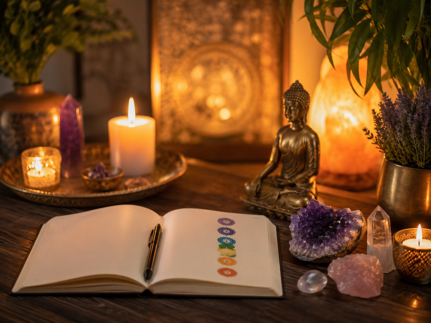 Warm candlelit spiritual workspace with chakra colors, crystals, journal, and soft golden light representing Deep Healing Light spiritual guidance