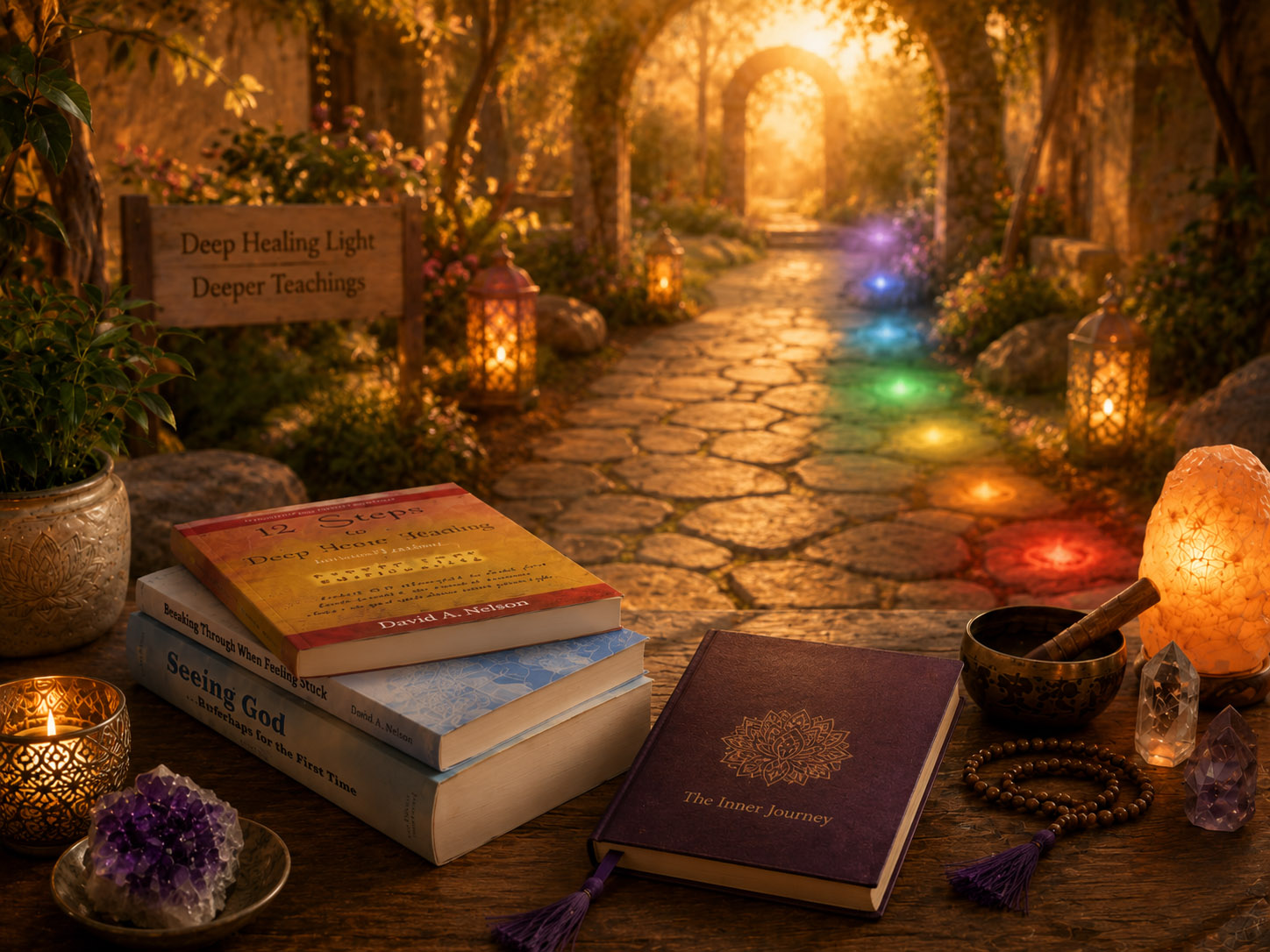Soft glowing spiritual pathway with books, light, and subtle chakra colors representing deeper teachings and inner transformation