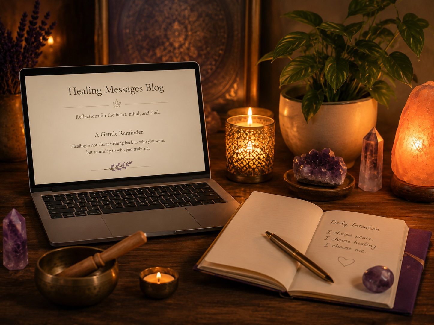 Laptop or notebook displaying spiritual writing beside a candle and crystals, representing the Healing Messages Blog