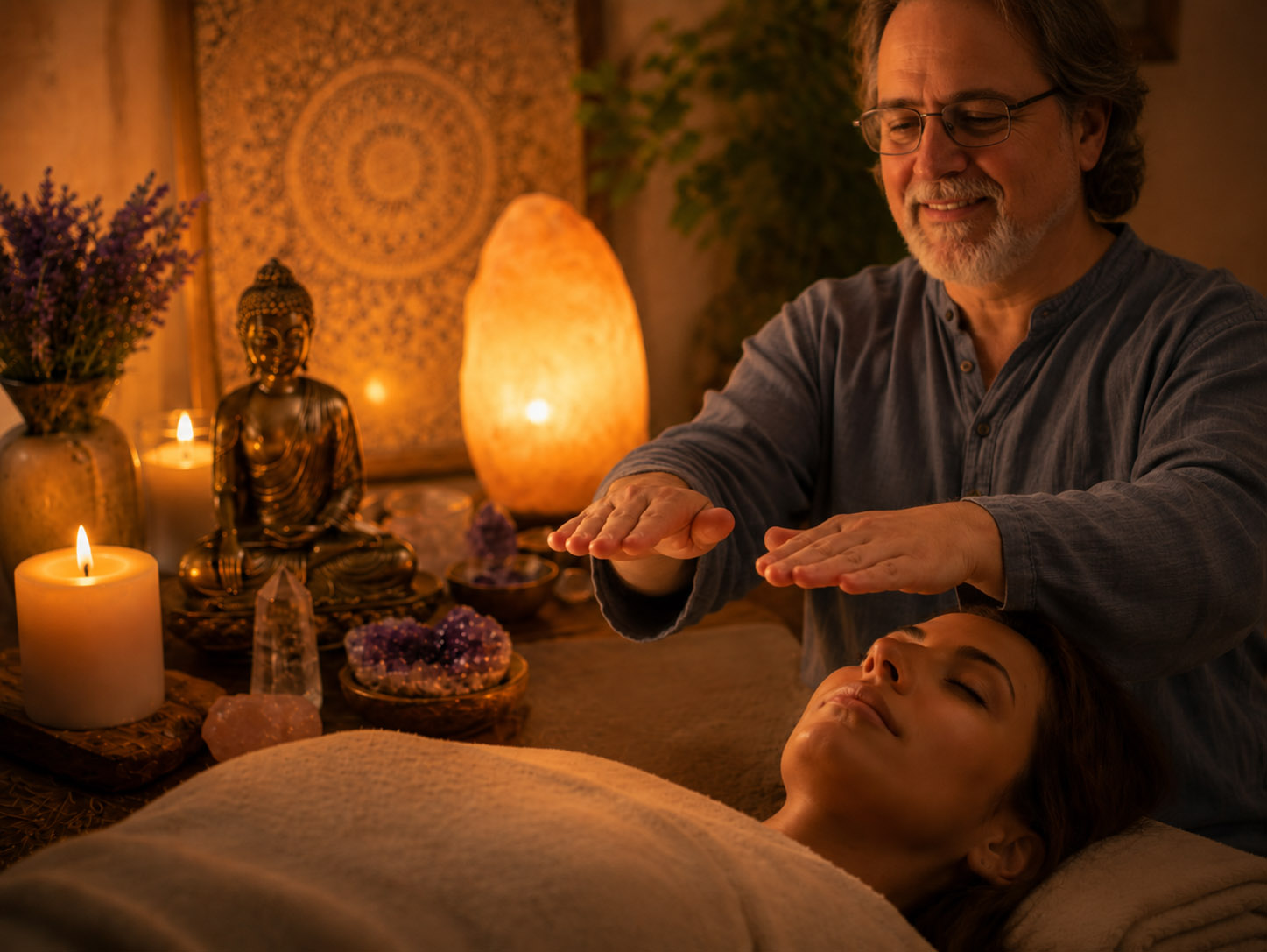 Peaceful Reiki-inspired healing scene with soft glowing hands, warm light, and subtle chakra energy representing spiritual healing services