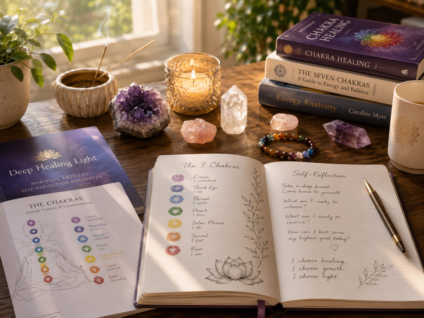 Meditation resources, chakra notes, crystals, and soft natural light representing spiritual articles and self-reflection resources