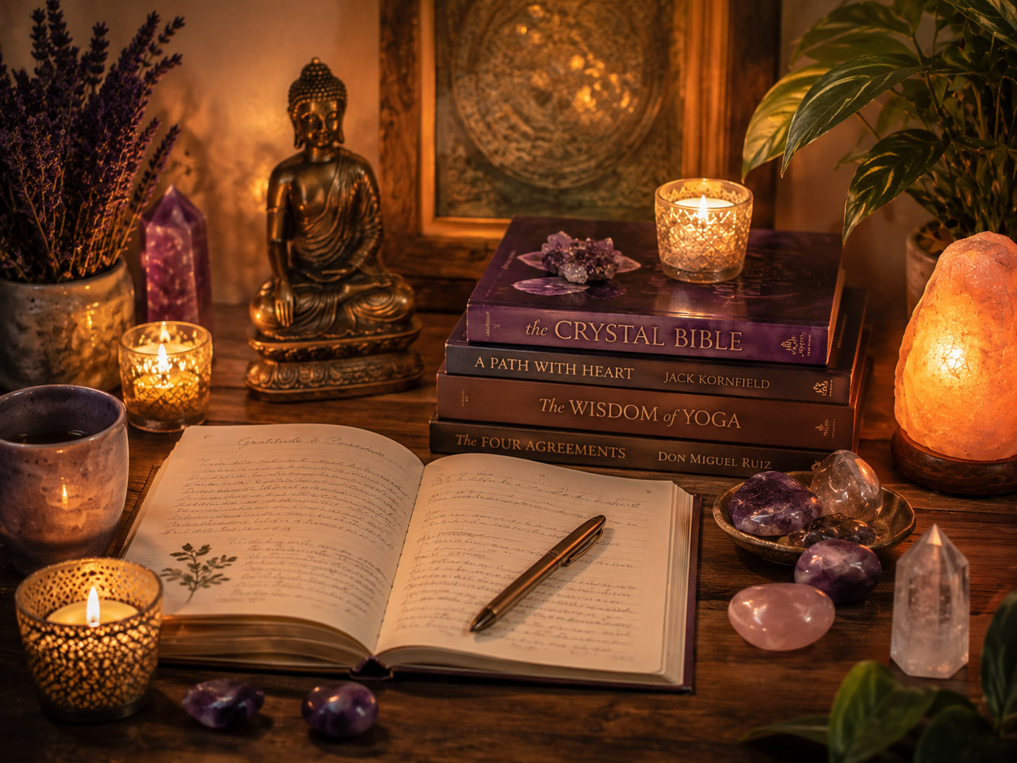 A peaceful reading and writing space with spiritual books, journal pages, candlelight, and soft purple and gold tones for healing articles