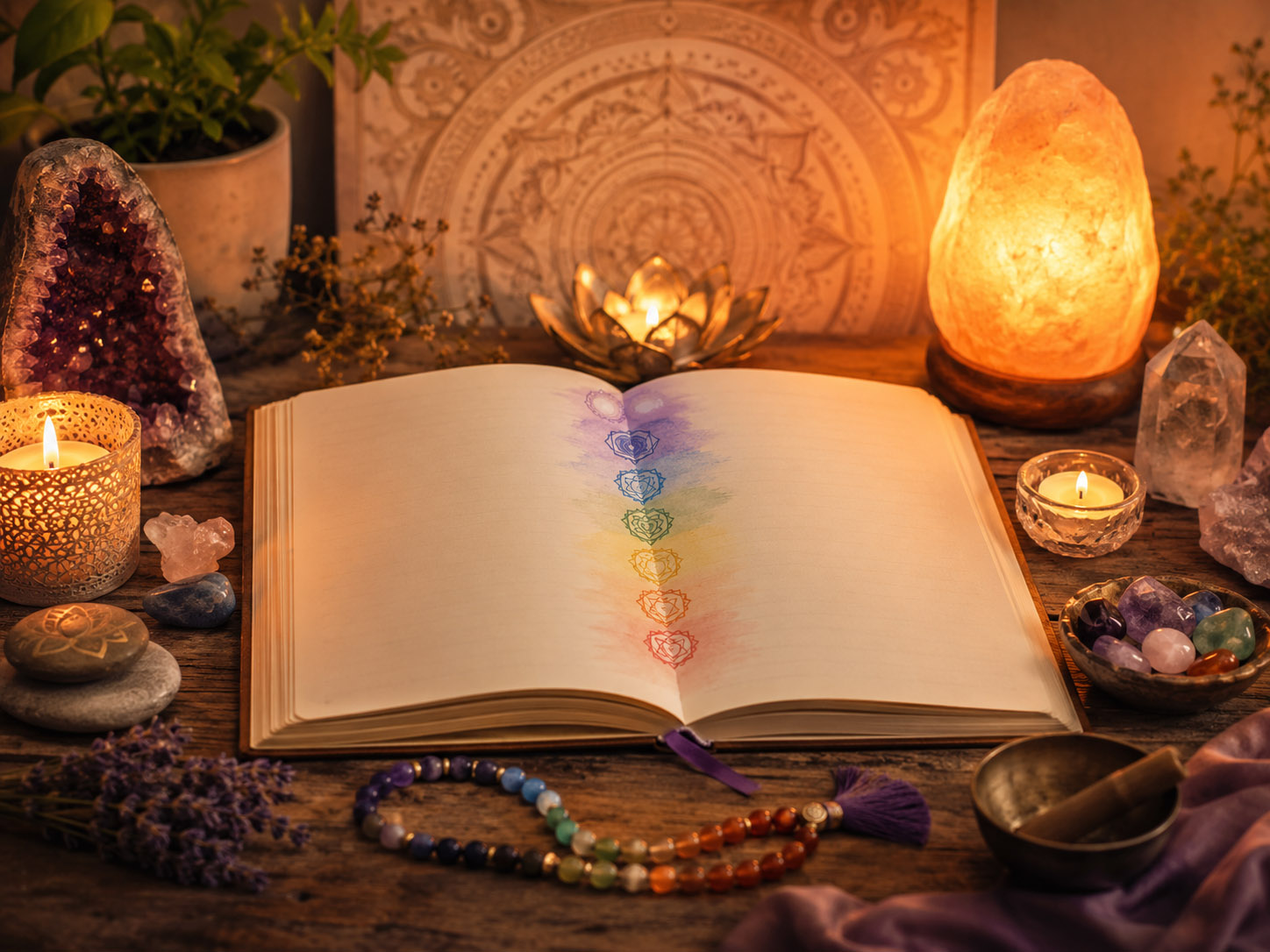 Open journal with gentle candlelight, soft chakra colors, and peaceful spiritual decor representing inner healing and spiritual teaching