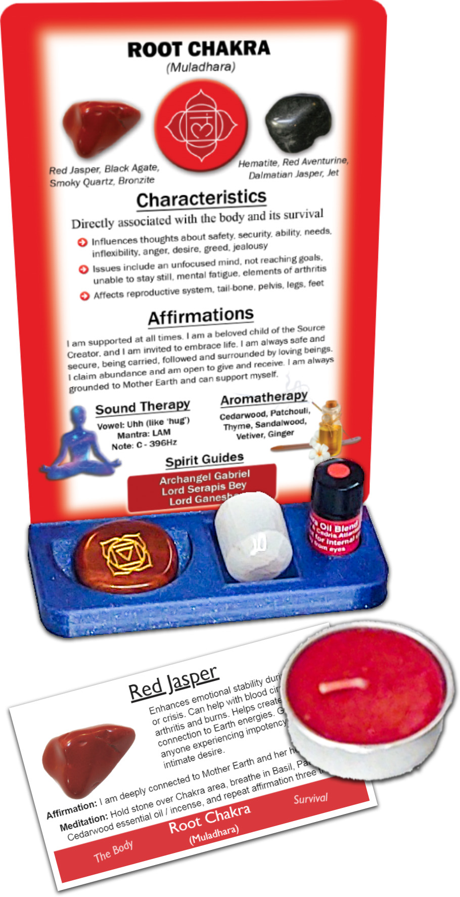 This example image shows the altar kit setup for working with the Root Chakra. Includes altar base, root chakra healing card, chakra symbol engraved palm stone, a stone ID card, a cedarwood scented tea light candle, root chakra blend essential oil, and a selenite crystal