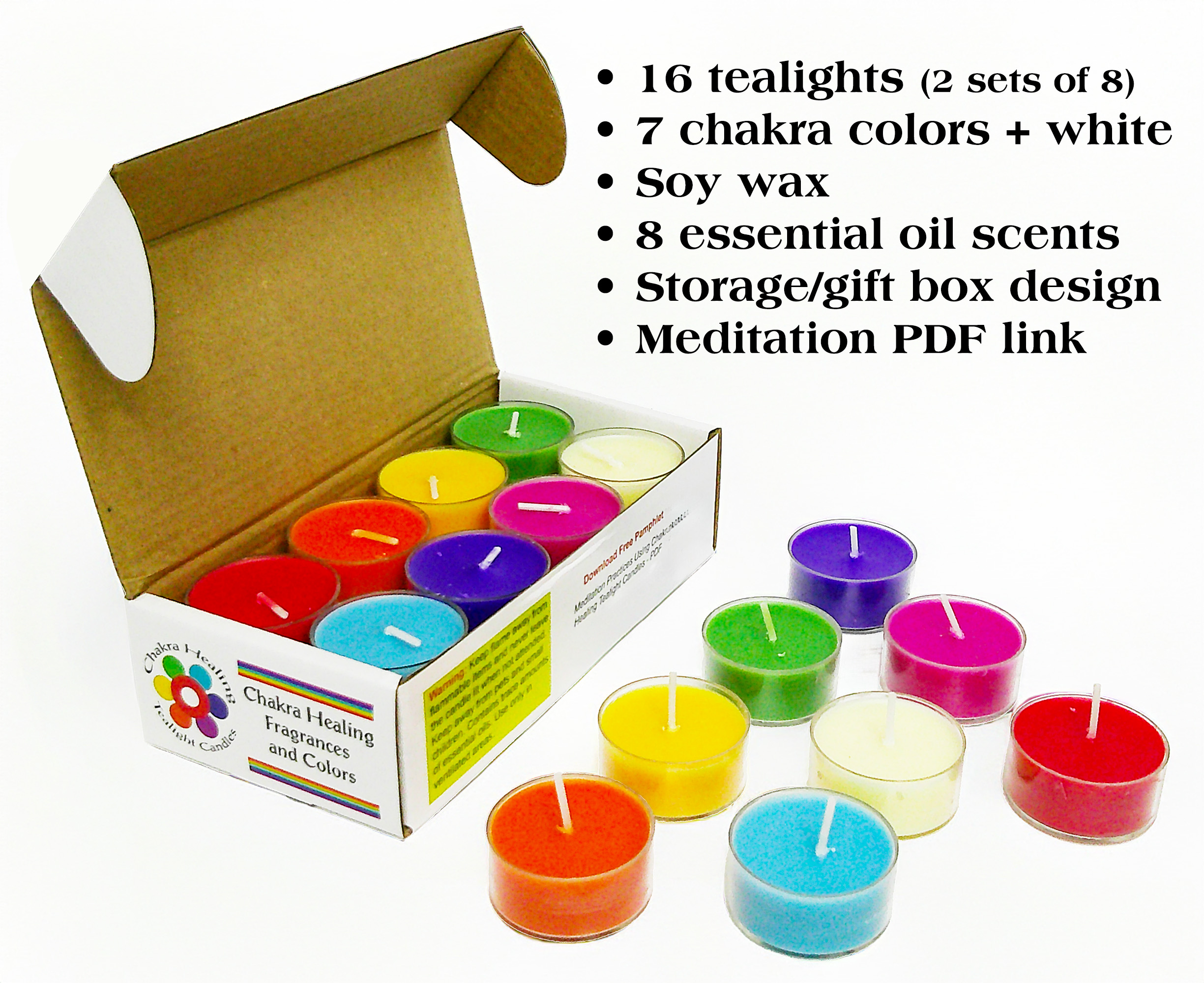Chakra candles arranged with peaceful spiritual decor for meditation and energy work