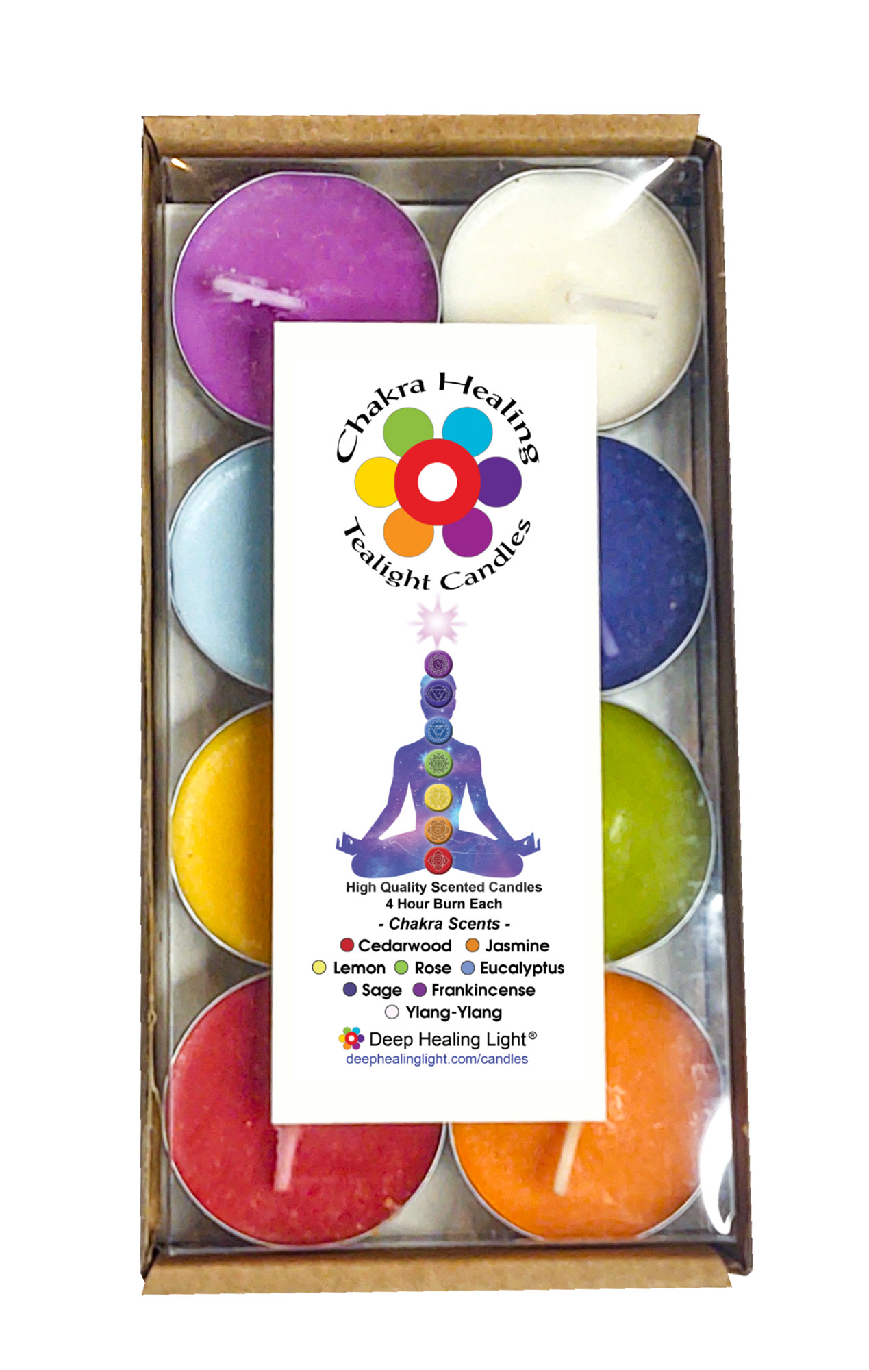 Chakra Scented and Colored Tealight Candles - Immerse Yourself in the Energy of 8 Chakra Centered Fragrances and Colors - by Deep Healing  Light ®