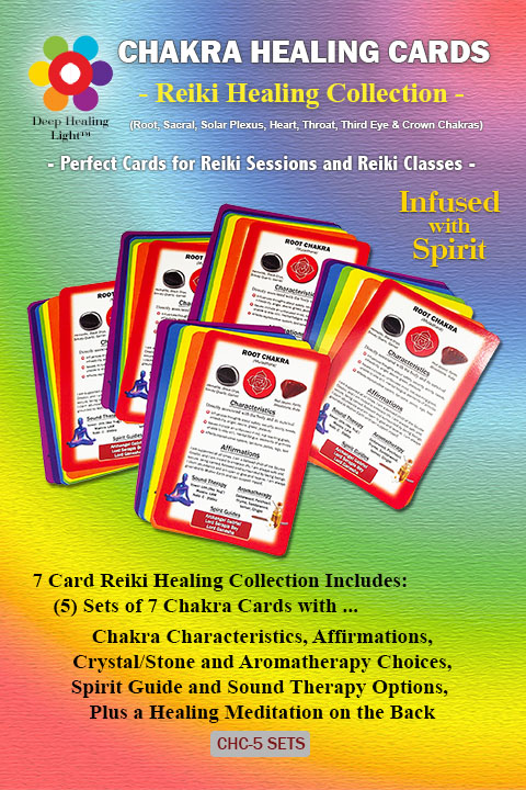 Reiki Supplies - Chakra Healing Cards for Sessions and Classes - 5 Sets of 7 - Affirmations, Chakra Symbols, Guided Meditations for Clients (35 cards) - by Deep Healing  Light ®