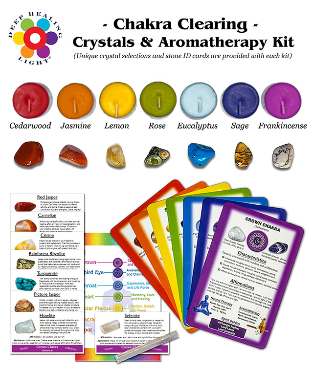 Chakra Clearing Crystal and Aromatherapy Kits with Chakra Scented Candles, Chakra Healing Cards, Chakra Stones and Stone ID Cards for Meditation and Energy Work