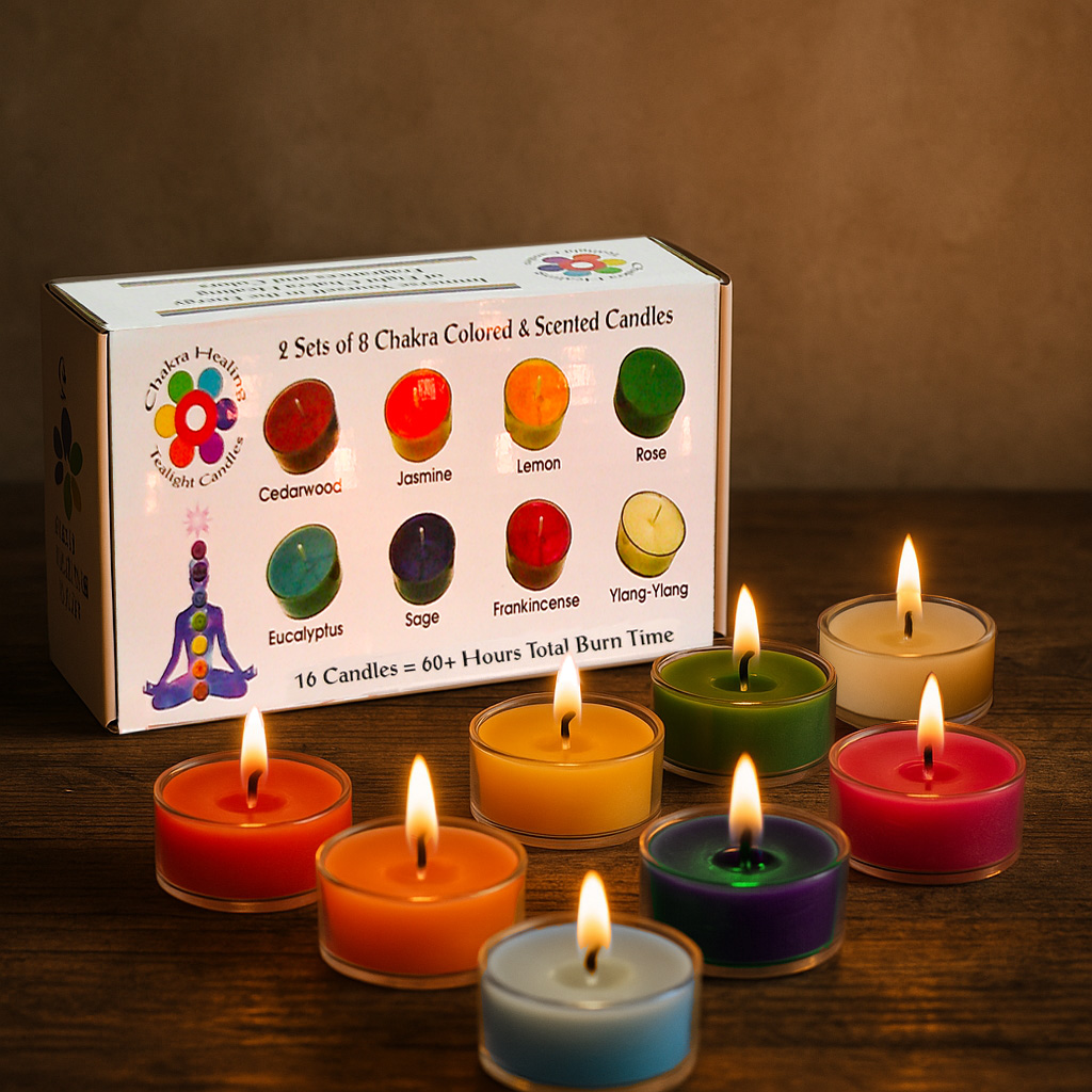 Chakra Scented and Colored Tealight Candles by Deep Healing Light displayed with spiritual decor