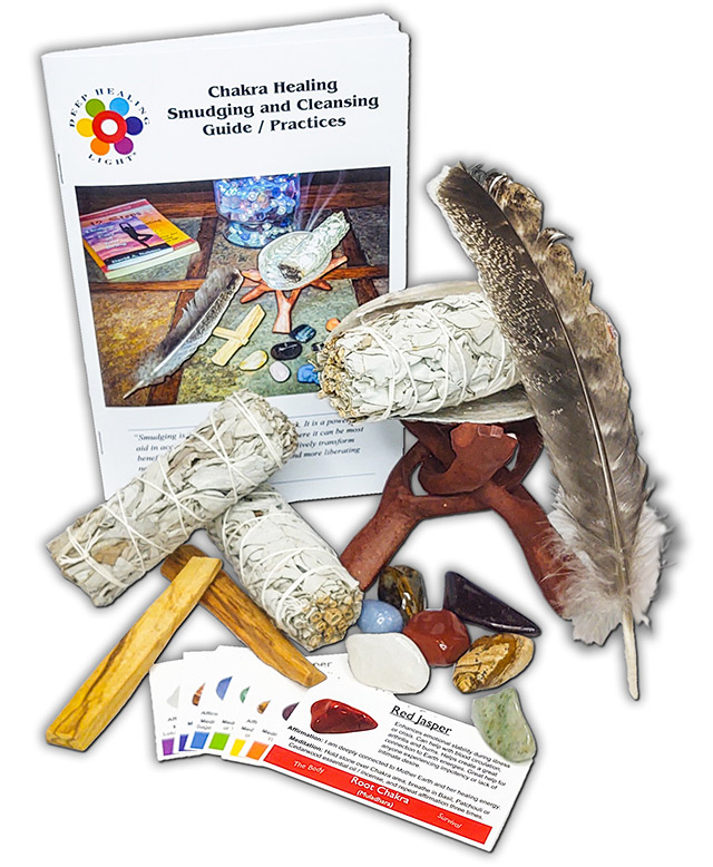 23 Pc Chakra Healing Smudging and Cleansing Kit with 3 White Sage Bundles, 2 Palo Santo Sticks, Shell with Tripod Stand, Feather, and Instructions - by Deep Healing  Light ®