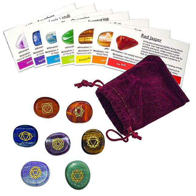 Chakra Symbols Engraved Stones with Affirmations, Meditation and Stone Identification Cards. For Healing, Reiki, Meditation, Altars and Home Decor